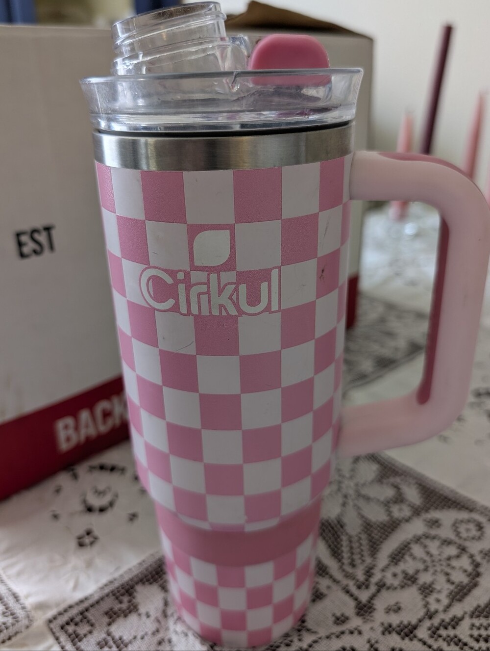 Cirkul Pink Checkered Travel Mug